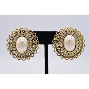Vintage Chunky Pearl Crystal Clip On Earrings Filigree Gold USA Signed 1980s W1